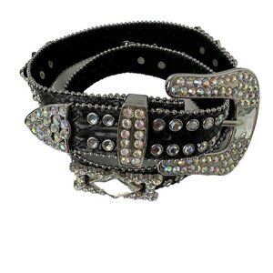 Nocona Black Leather‎ Belt Crystal Rhinestone Aurora Borealis M/L